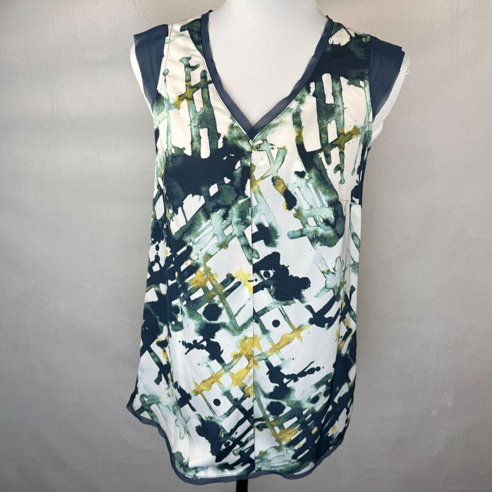 Simply Vera Wang Tank Top Sz S Multicolor Cap Sleeve V Neck Blue Mesh Trim